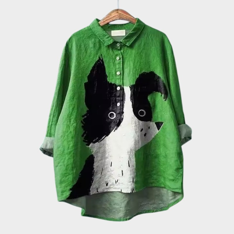 Whimsical Dog Print Point Collar Button Down Oversized Linen Shirt