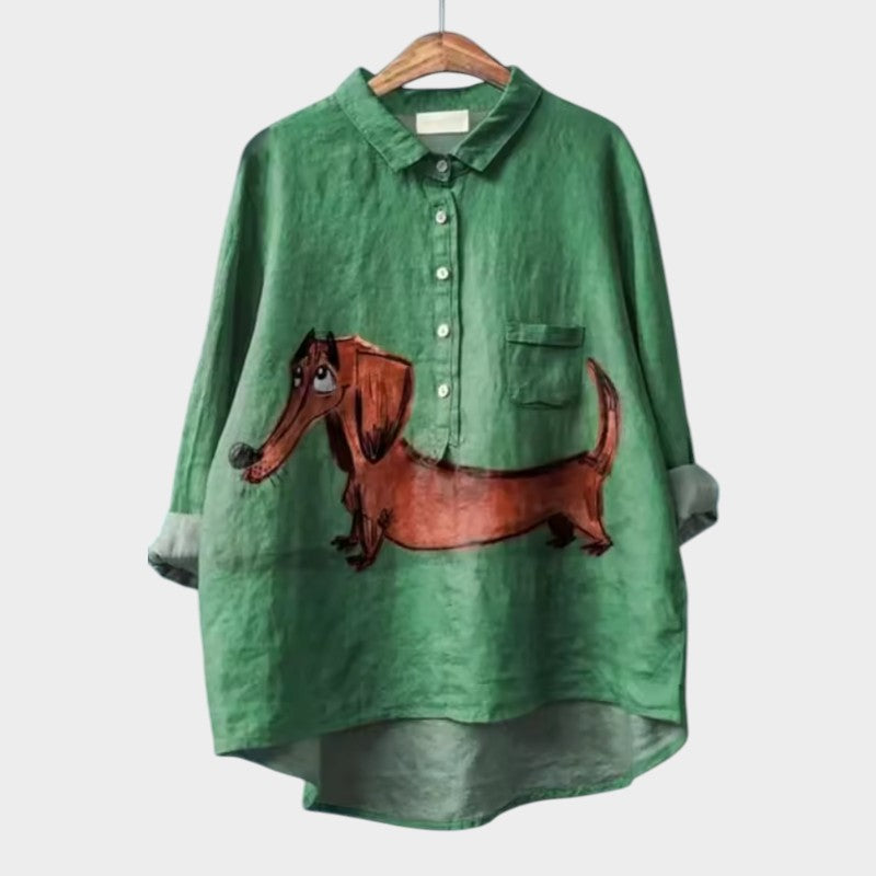 Whimsical Dog Print Point Collar Button Down Oversized Linen Shirt