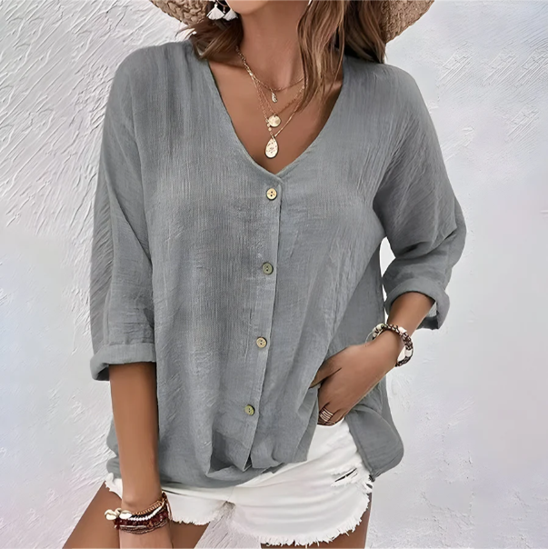 V Neck Button Down Roll Sleeve Relaxed Cotton Blouse