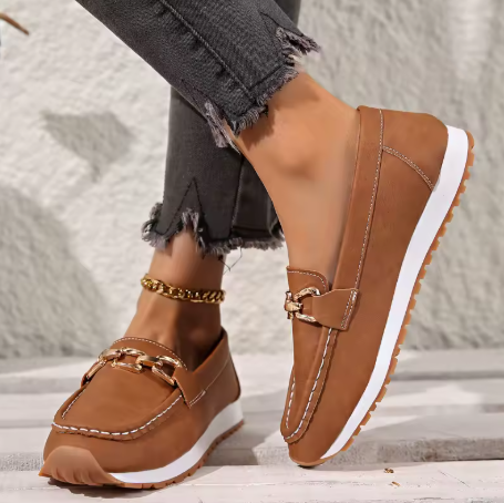 Suede Gold Chain Trim Round Toe Flatform Slip On Loafer