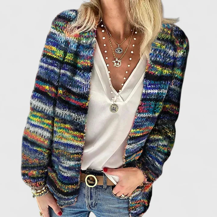 Multicolour Stripe Open Front Chunky Knit Boho Cardigan