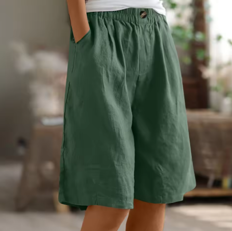 Elasticated Waist Wide Leg Pocket Casual Linen Short