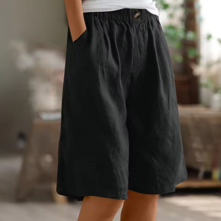 Elasticated Waist Wide Leg Pocket Casual Linen Short