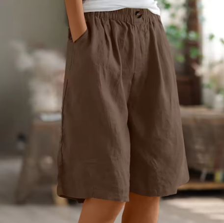 Elasticated Waist Wide Leg Pocket Casual Linen Short