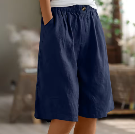Elasticated Waist Wide Leg Pocket Casual Linen Short