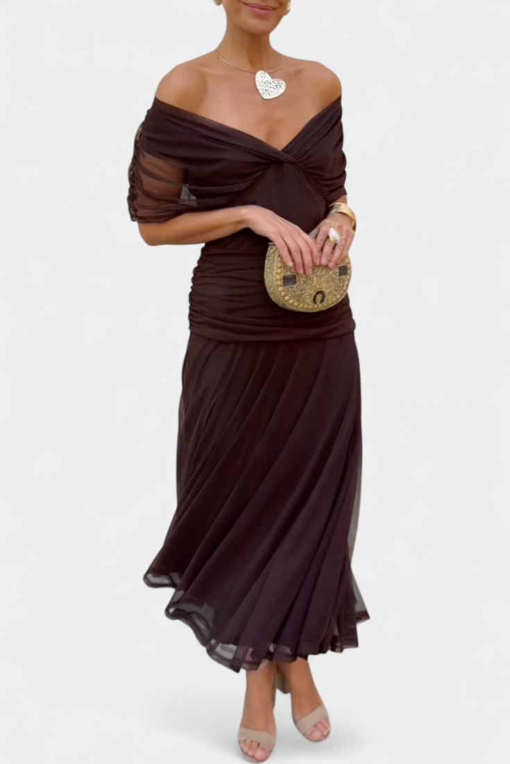 Ruched Off Shoulder Maxi Dress - Formal Evening Gown