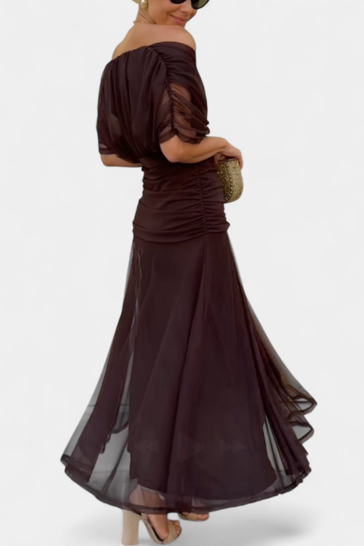 Ruched Off Shoulder Maxi Dress - Formal Evening Gown