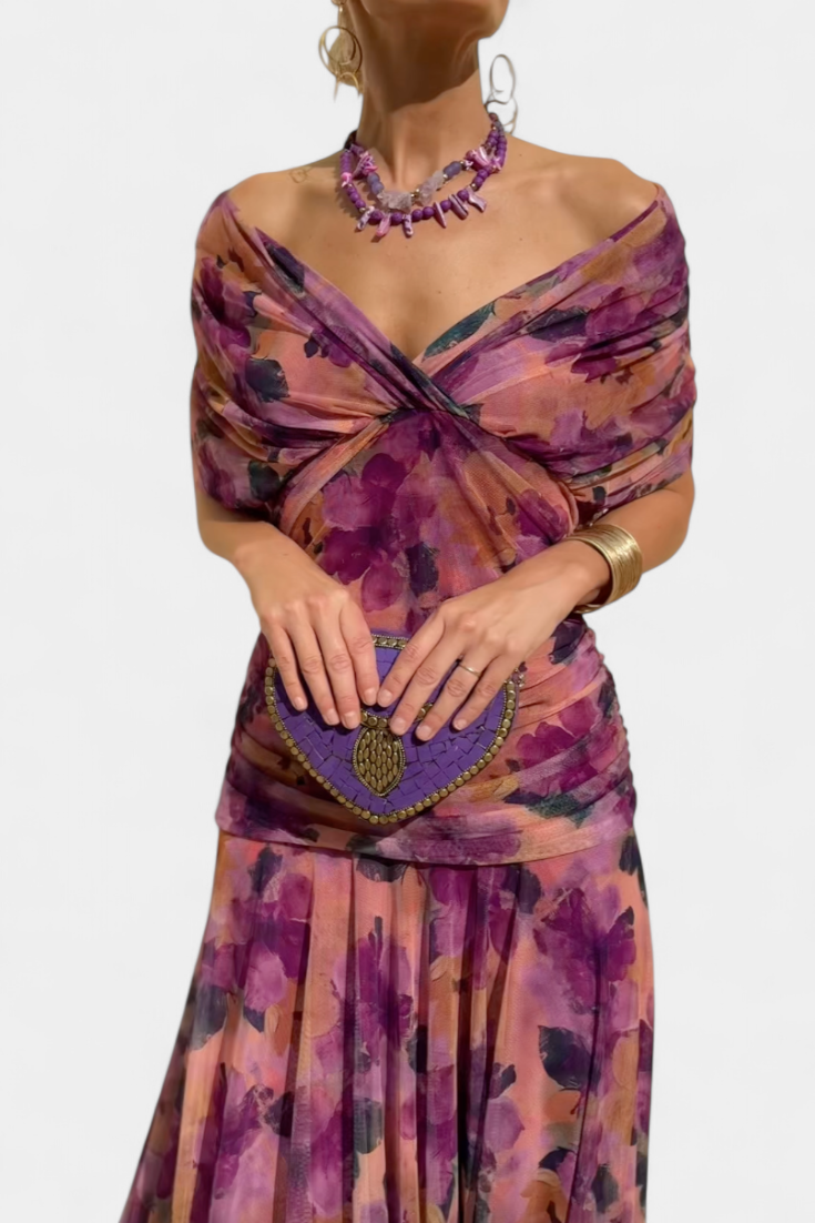 Ruched Off Shoulder Maxi Dress - Formal Evening Gown
