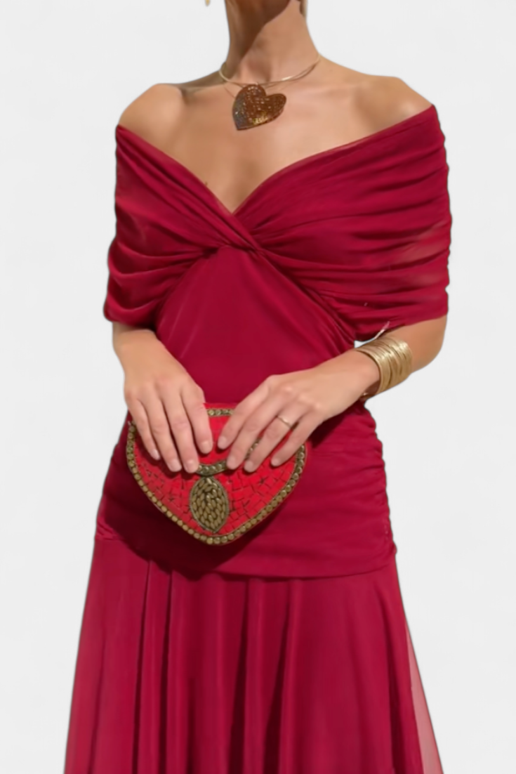 Ruched Off Shoulder Maxi Dress - Formal Evening Gown