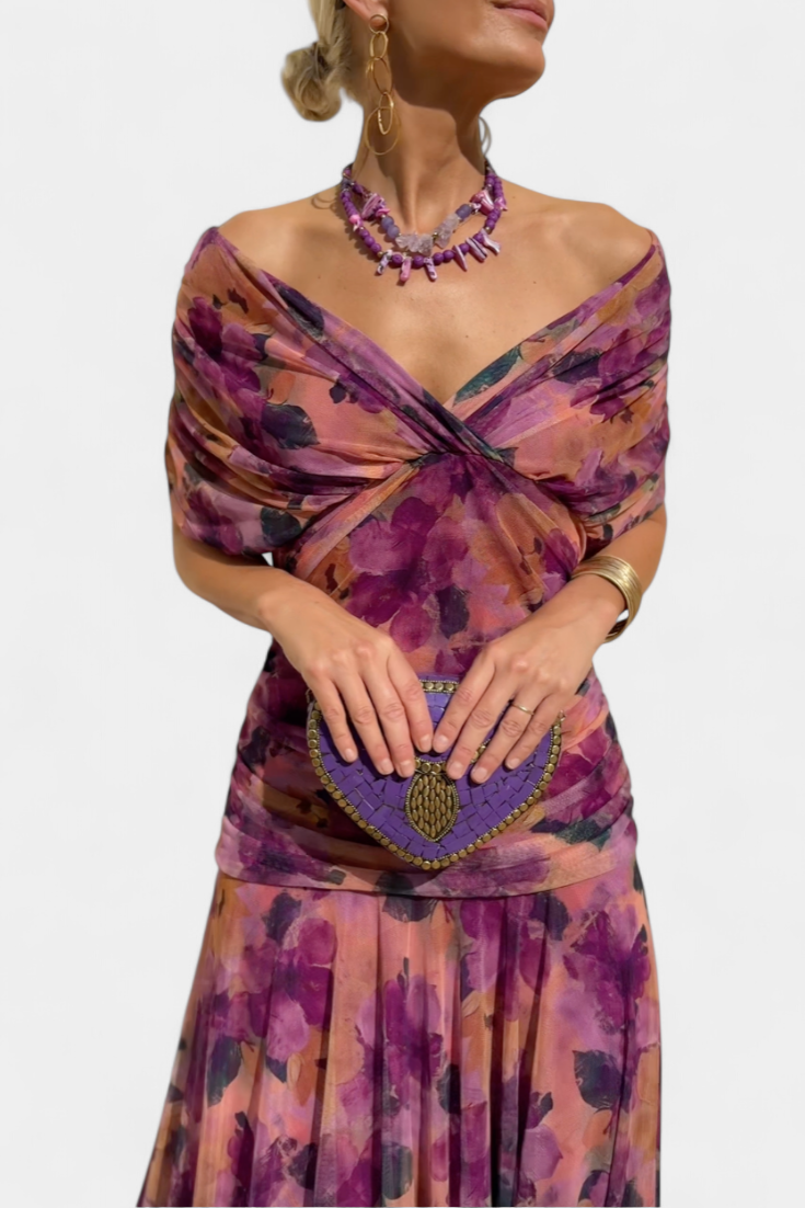 Ruched Off Shoulder Maxi Dress - Formal Evening Gown