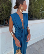 Draped Plunge Neck Twist Knot Waist Sleeveless Maxi Dress - Formal Evening Gown