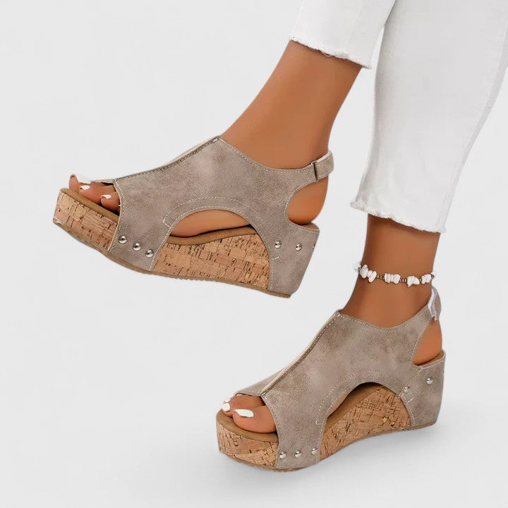 Studded Cutout Cork Wedge Sandals