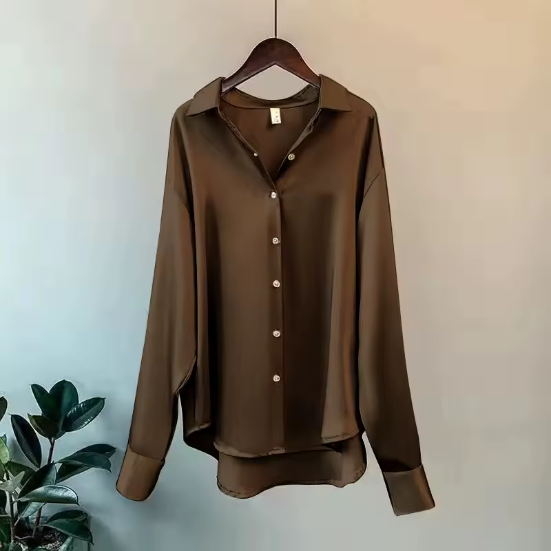 Satin Oversized Button Down Long Sleeve Relaxed Blouse