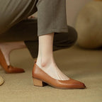 Leather Pointed Toe Slip On Mid Block Heel Court Shoe