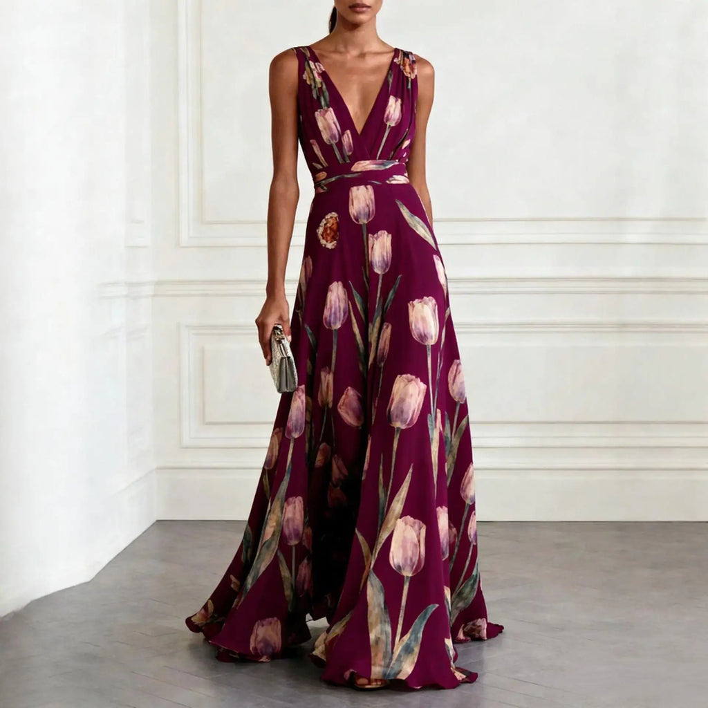 Floral Tulip Print Deep V Neck Chiffon Maxi Dress - Wedding Guest