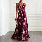 Floral Tulip Print Deep V Neck Chiffon Maxi Dress - Wedding Guest