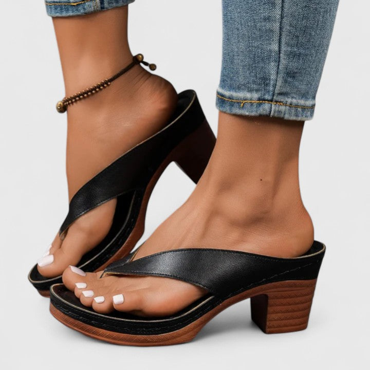 Leather Toe Loop Slip On Wooden Block Heel Sandal