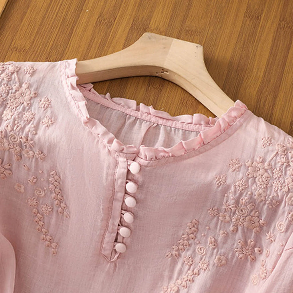 Floral Embroidered Ruffle Neck Puff Sleeve Cotton Blouse