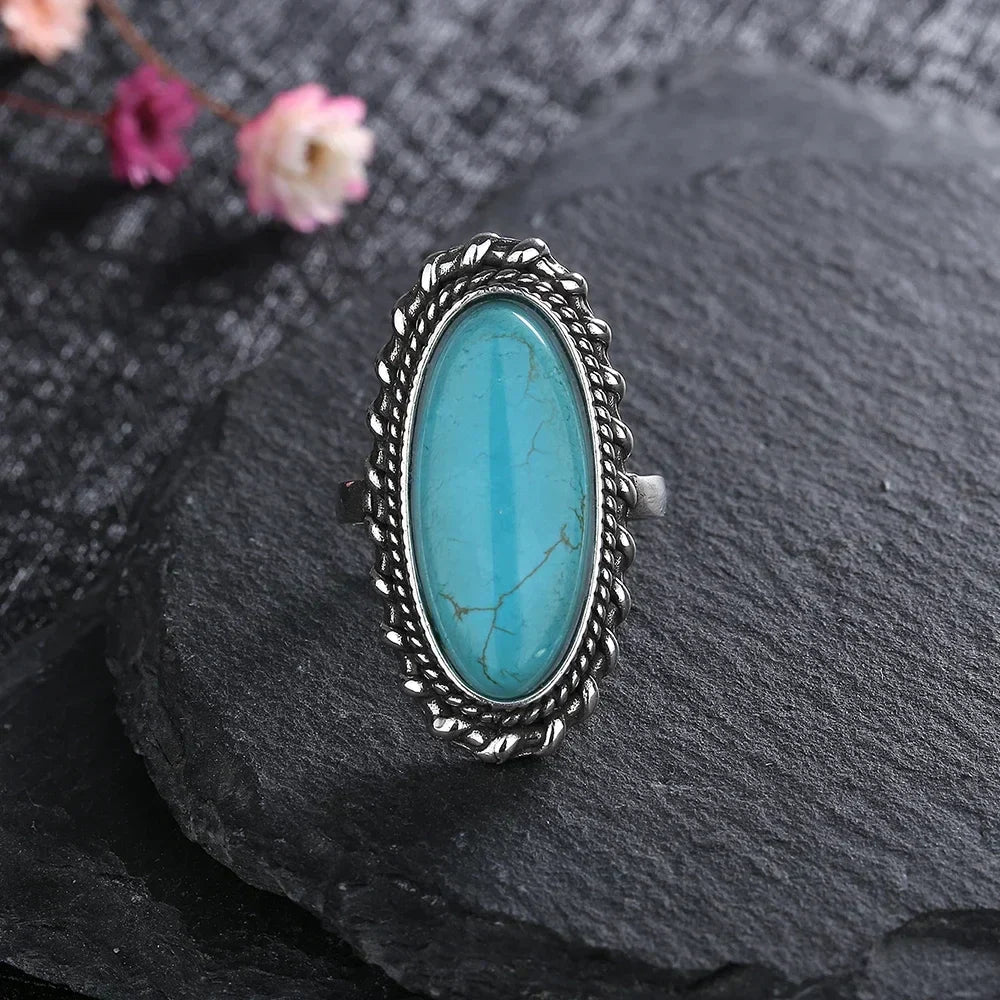 Oval Turquoise Rope Edge Oxidised Silver Boho Statement Ring