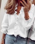 Ruffle Trim V Neck Long Sleeve Elegant Cotton Blouse