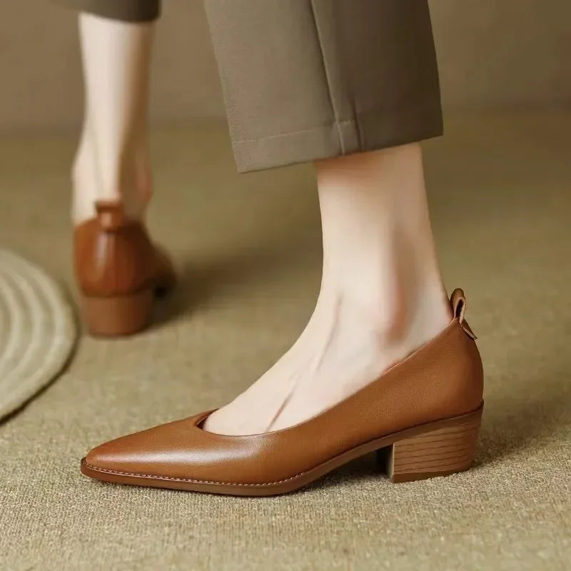 Leather Pointed Toe Slip On Mid Block Heel Court Shoe
