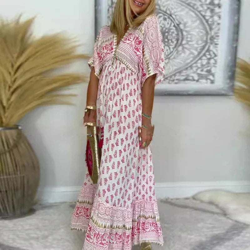 Floral Paisley V Neck Short Sleeve Tassel Trim Boho Maxi Dress