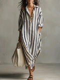 Striped Collared Oversized Casual Linen Maxi Dress