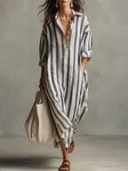 Striped Collared Oversized Casual Linen Maxi Dress