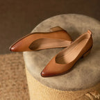 Leather Pointed Toe Slip On Mid Block Heel Court Shoe