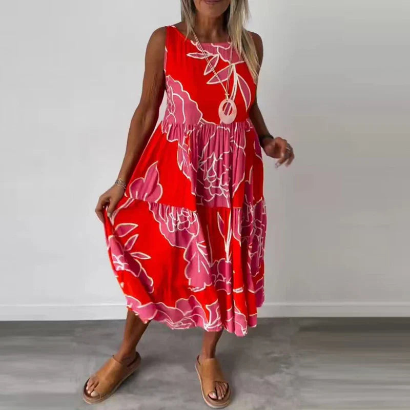 Floral Outline Print Sleeveless Gathered Casual Maxi Dress