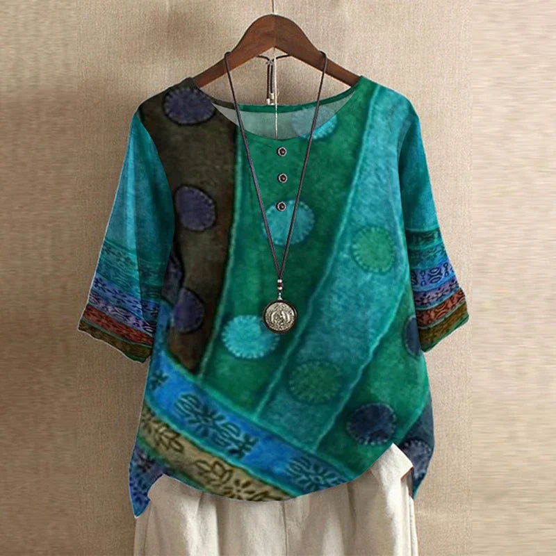 Vintage Floral Print Button Henley Relaxed Linen Blouse