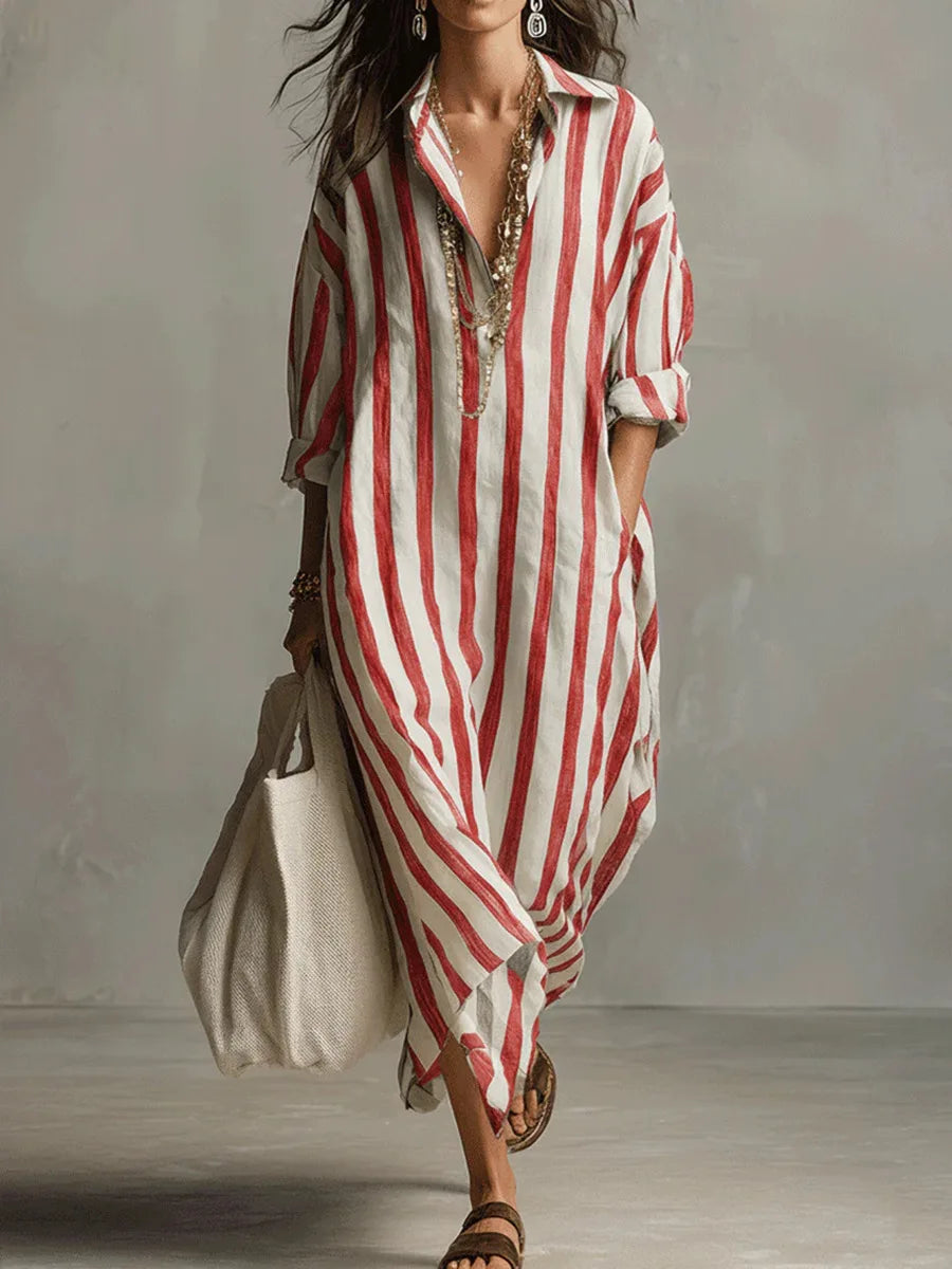 Striped Collared Oversized Casual Linen Maxi Dress