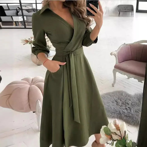 Collared V Neck Long Sleeve Tie Waist Pocket Flared Midi Dress
