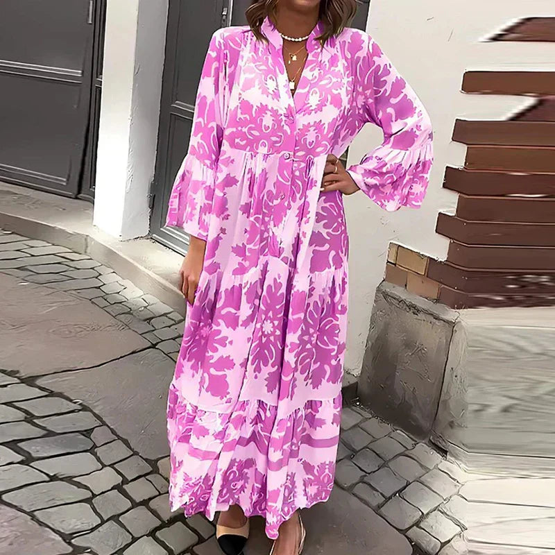Baroque Floral Print V Neck Lantern Sleeve Tiered Boho Maxi Dress