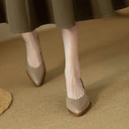 Leather Pointed Toe Slip On Mid Block Heel Court Shoe