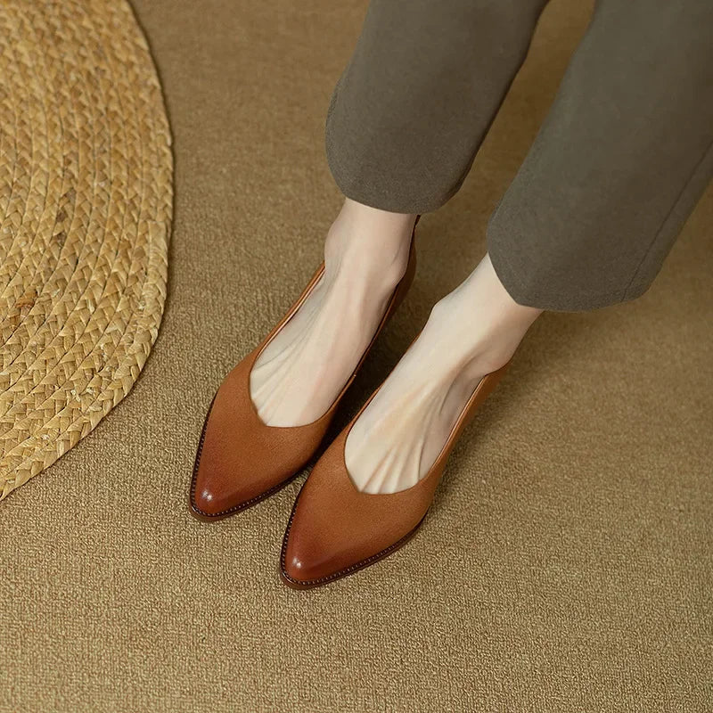 Leather Pointed Toe Slip On Mid Block Heel Court Shoe