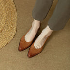 Leather Pointed Toe Slip On Mid Block Heel Court Shoe