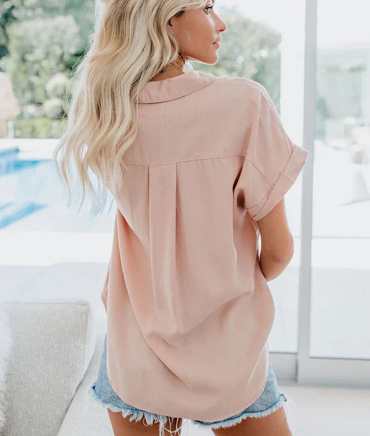 Oversized Short Sleeve Pocket Button Down Casual Blouse