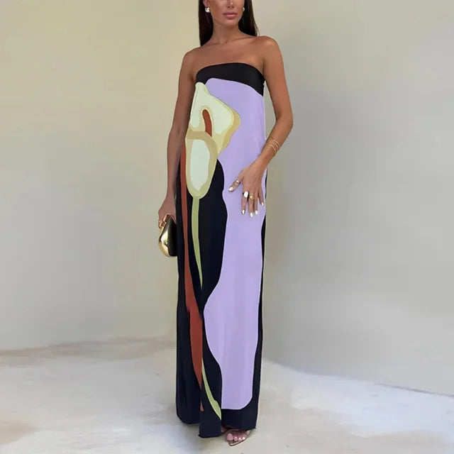 Graphic Floral Strapless Column Maxi Dress - Formal Evening Gown