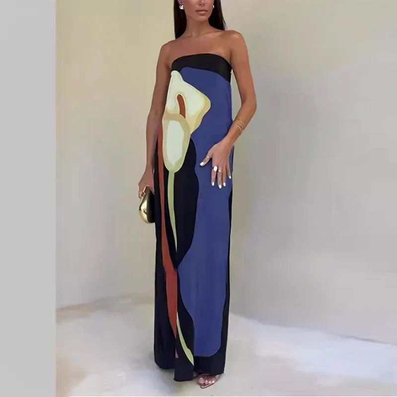 Graphic Floral Strapless Column Maxi Dress - Formal Evening Gown