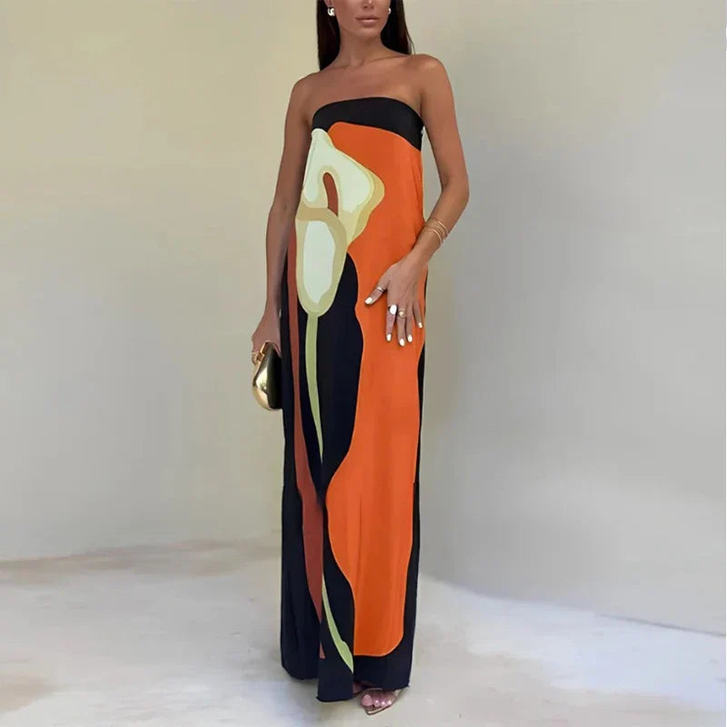 Graphic Floral Strapless Column Maxi Dress - Formal Evening Gown