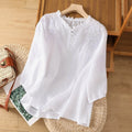 Floral Embroidered Ruffle Neck Puff Sleeve Cotton Blouse