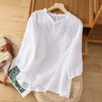 Floral Embroidered Ruffle Neck Puff Sleeve Cotton Blouse