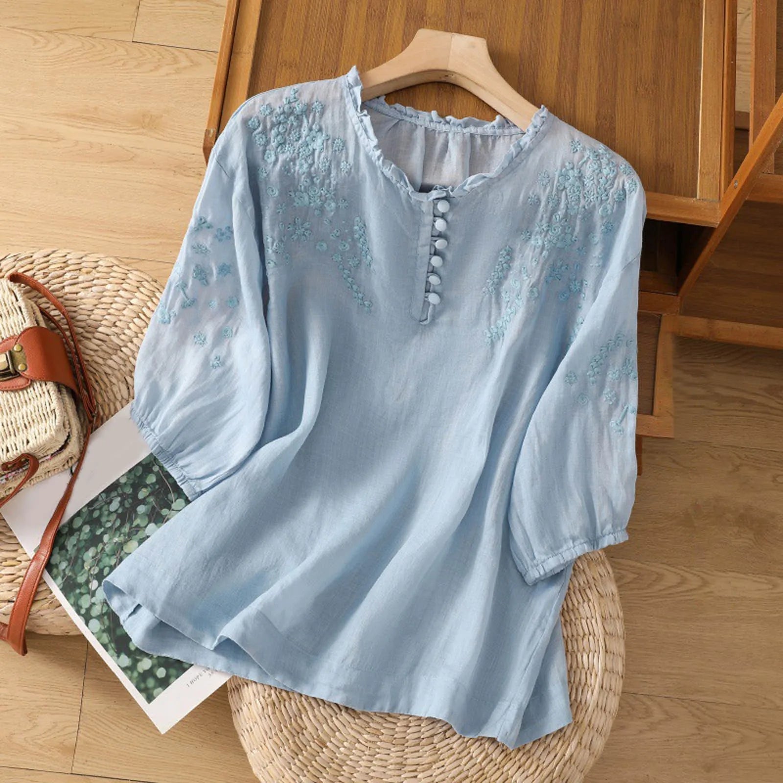 Floral Embroidered Ruffle Neck Puff Sleeve Cotton Blouse