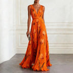 Floral Tulip Print Deep V Neck Chiffon Maxi Dress - Wedding Guest