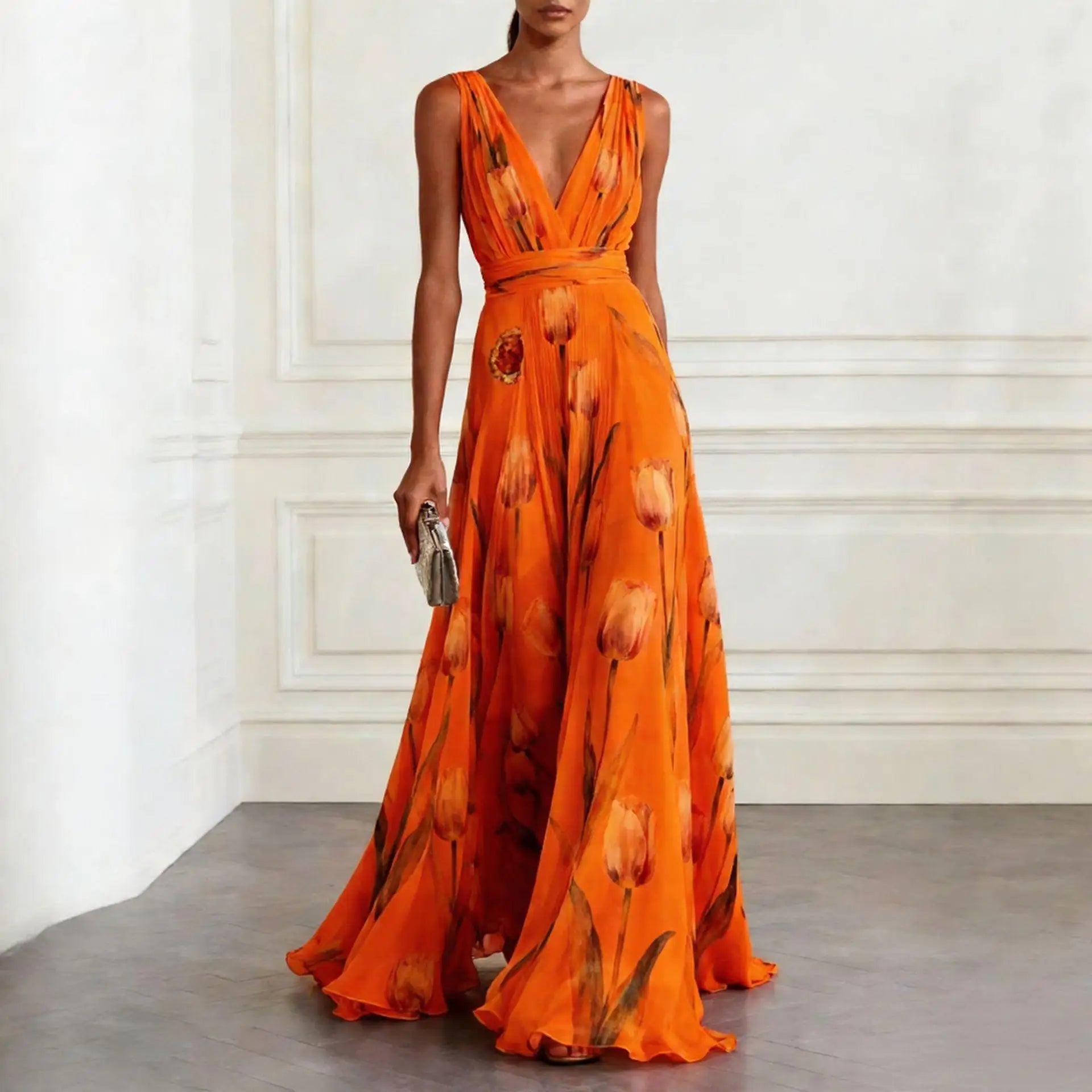 Floral Tulip Print Deep V Neck Chiffon Maxi Dress - Wedding Guest