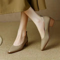 Leather Pointed Toe Slip On Mid Block Heel Court Shoe