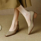 Leather Pointed Toe Slip On Mid Block Heel Court Shoe