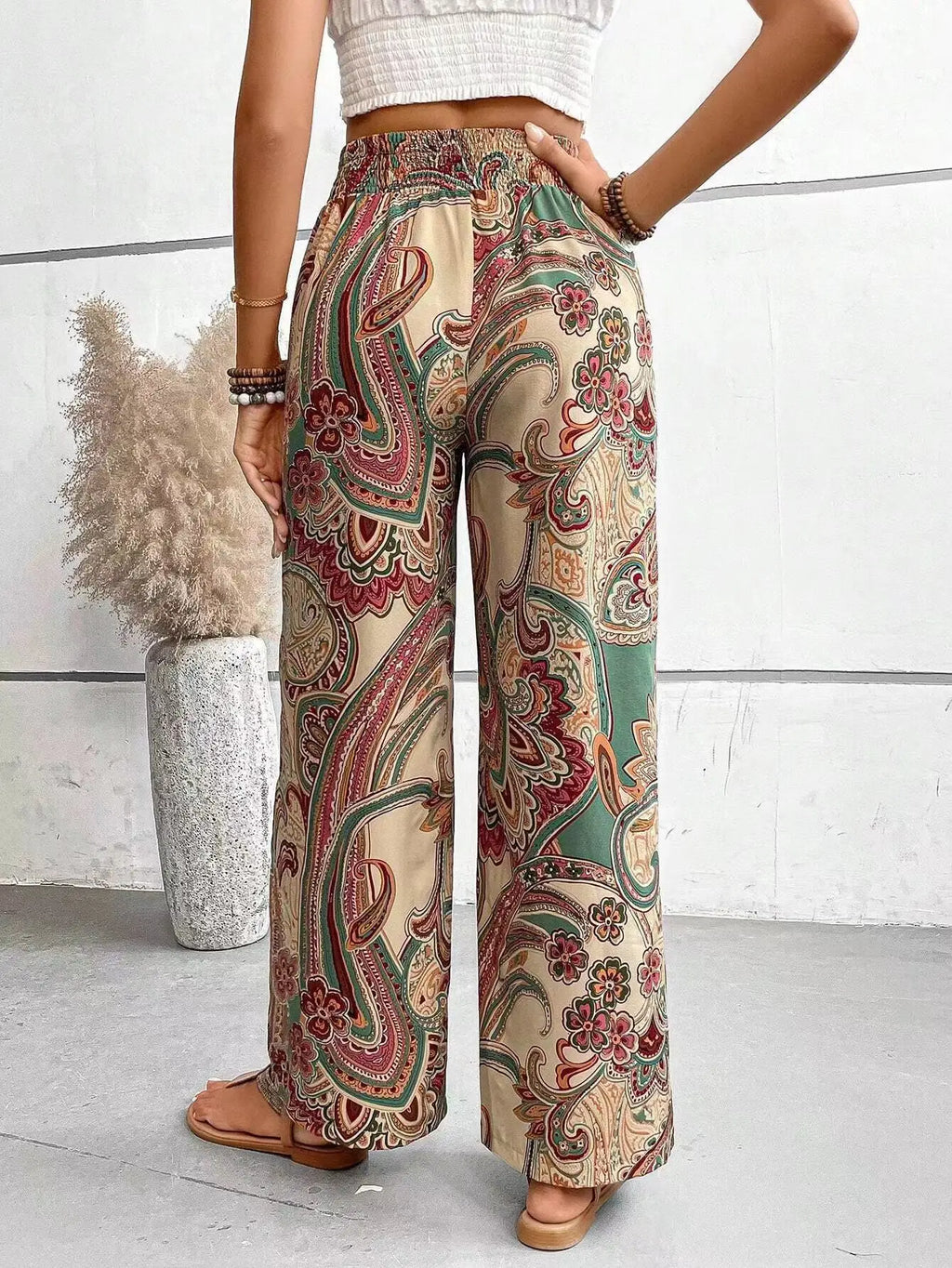 Paisley Print Smocked Waist Drawstring Wide Leg Boho Pant