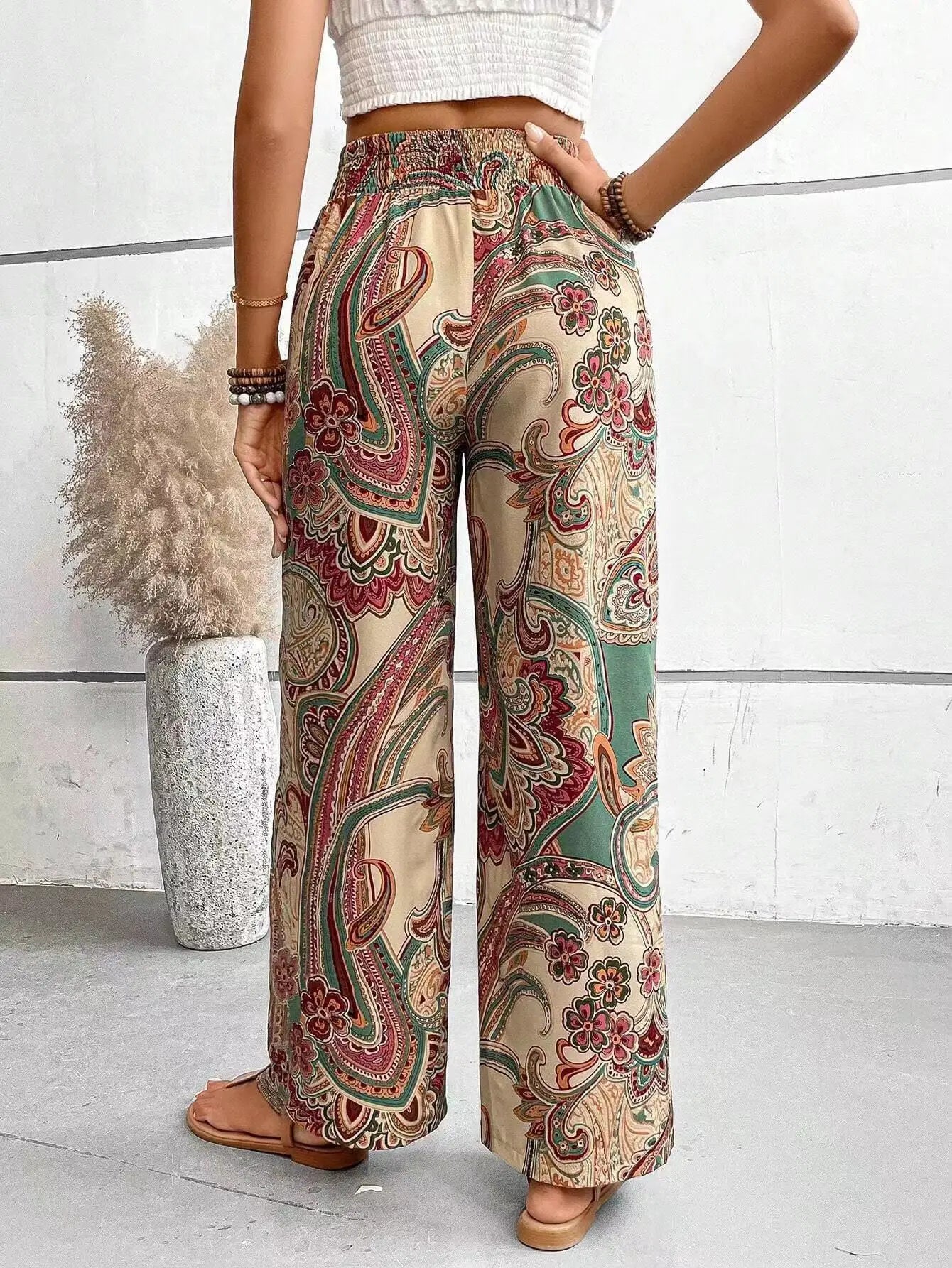Paisley Print Smocked Waist Drawstring Wide Leg Boho Pant